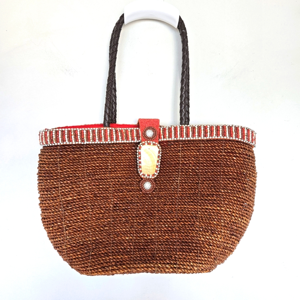Skemo‎ Beaded Boho Woven Large Tote Bag Coastal Glam Festival Beach Handmade